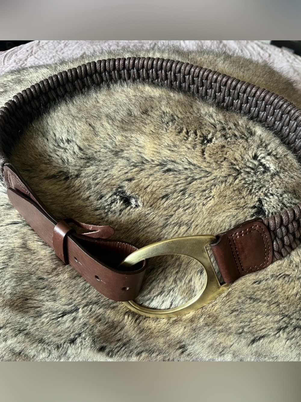 Oscar de la Renta Brown Woven Leather Belt with Brass Oval Buckle EUC